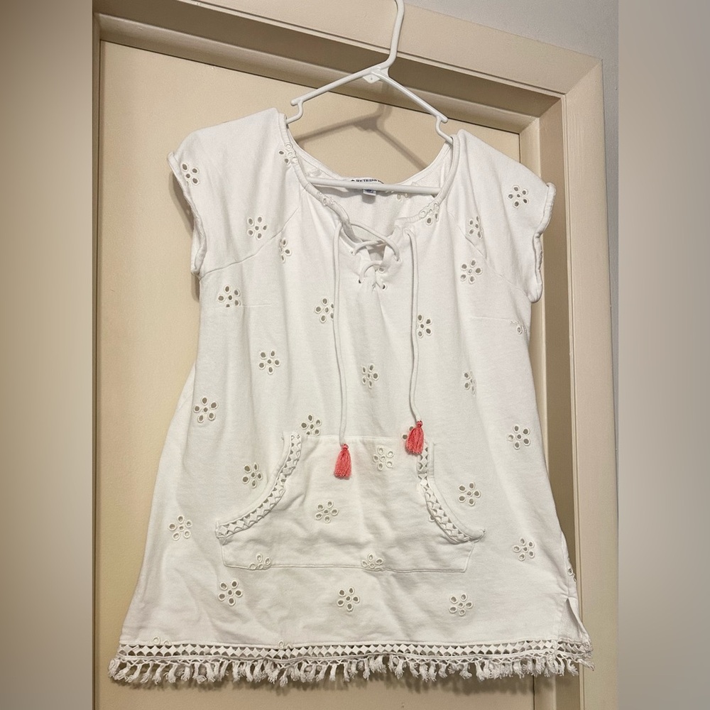 Southern Tide White Eyelet Tassel Tunic with Coral Accents